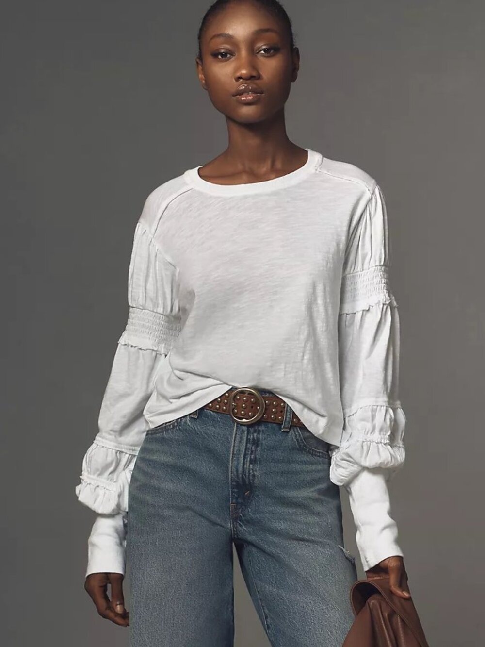 NWT Pilcro Anthropologie Pilcro Crew-Neck Ruched & Smocked-Sleeve Top S